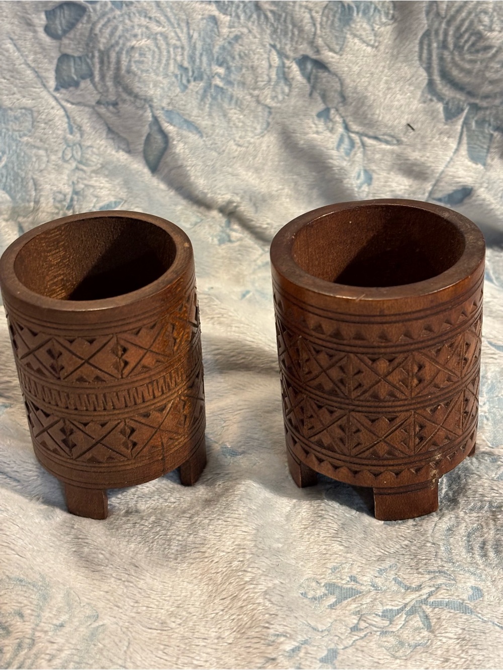 Hand-Carved Wooden Accent Holders in Brown - Pair